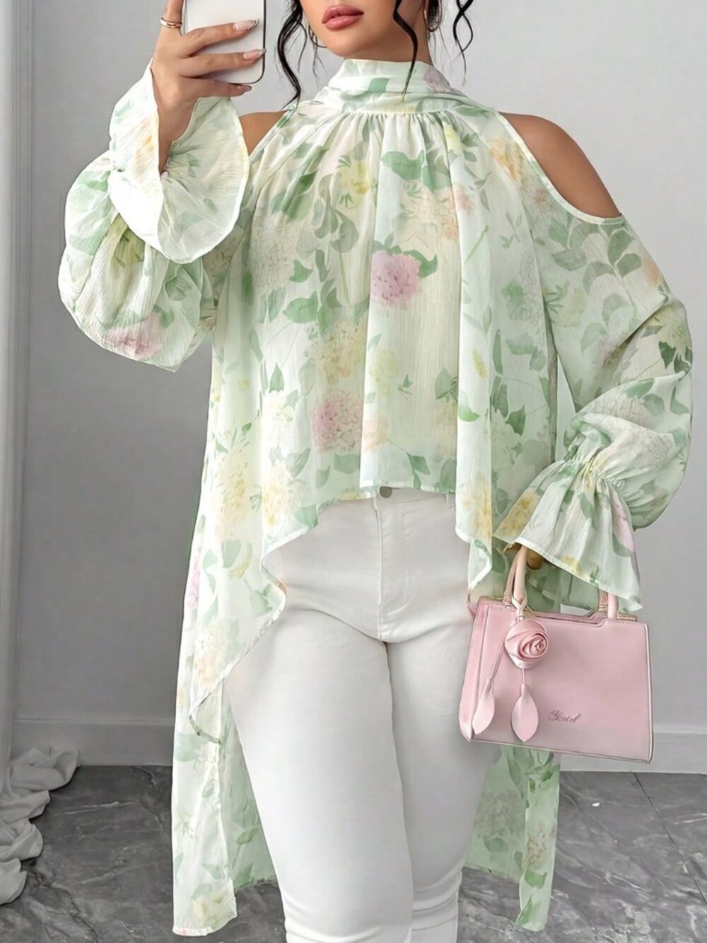 Green Casual Women's Plus Size Semi-Sheer Long Sleeve Hydrangea Print Blouse - Picture 3 of 6